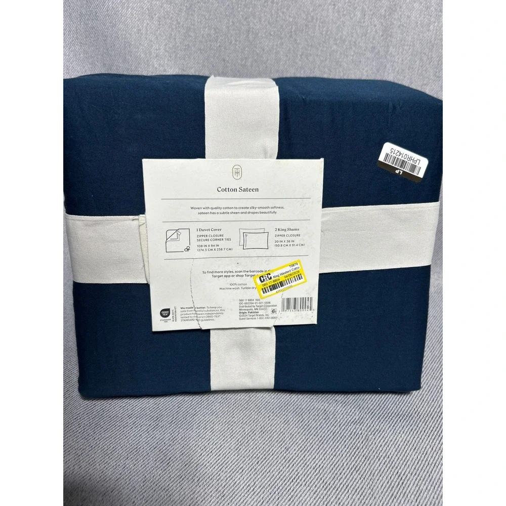 Threshold King Washed Cotton Duvet Cover Set 3pc Navy Blue Solid Soft Bedding